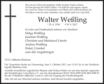 Traueranzeige von Walter Weßling von Westfalen-Blatt