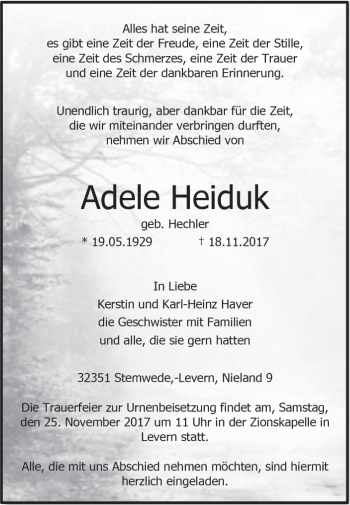 Traueranzeige von Adele Heiduk von Westfalen-Blatt