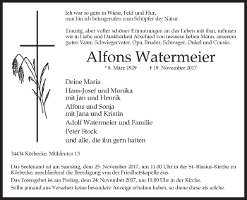 Traueranzeige von Alfons Watermeier von Westfalen-Blatt