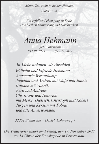 Traueranzeige von Anna Hehmann von Westfalen-Blatt