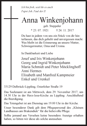 Traueranzeige von Anna Winkenjohann von Westfalen-Blatt