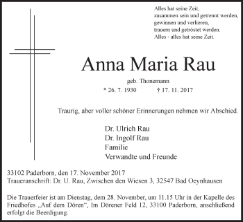 Traueranzeige von Anna Maria Rau von Westfalen-Blatt