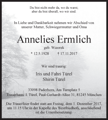 Traueranzeige von Annelies Ermlich von Westfalen-Blatt