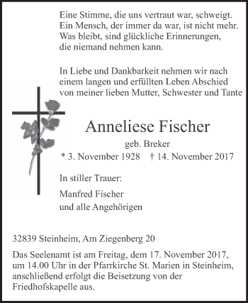 Traueranzeige von Anneliese Fischer von Westfalen-Blatt