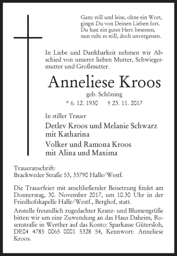 Traueranzeige von Anneliese Kroos von Westfalen-Blatt