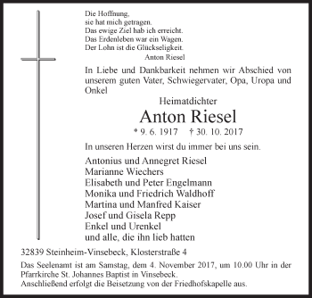 Traueranzeige von Anton Riesel von Westfalen-Blatt