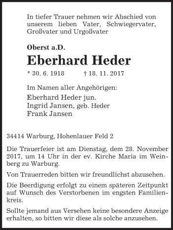 Traueranzeige von Eberhard Heder von Westfalen-Blatt