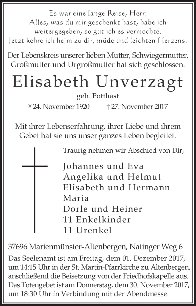  Traueranzeige für Elisabeth Unverzagt vom 29.11.2017 aus Westfalen-Blatt