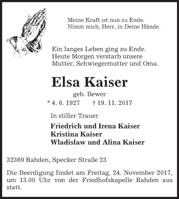 Traueranzeige von Elsa Kaiser von Westfalen-Blatt