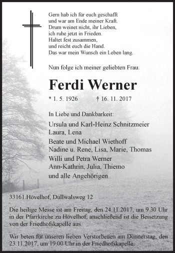 Traueranzeige von Ferdi Werner von Westfalen-Blatt