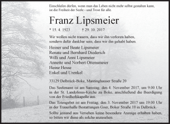 Traueranzeige von Franz Lipsmeier von Westfalen-Blatt