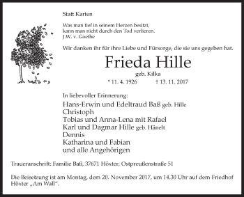 Traueranzeige von Frieda Hille von Westfalen-Blatt