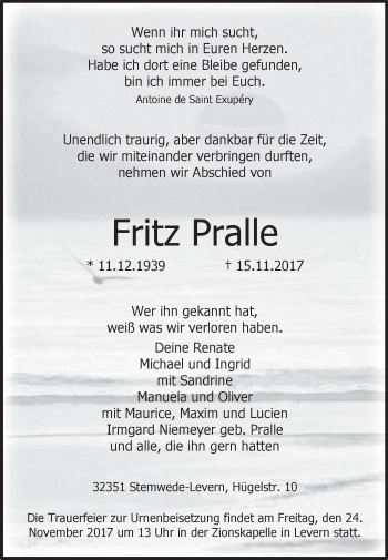 Traueranzeige von Fritz Pralle von Westfalen-Blatt