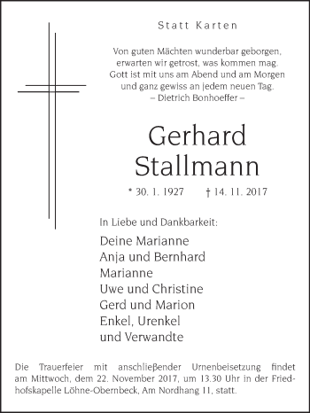 Traueranzeige von Gerhard Stallmann von Westfalen-Blatt