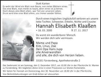 Traueranzeige von Hannah Elisabeth Klaaßen von Westfalen-Blatt