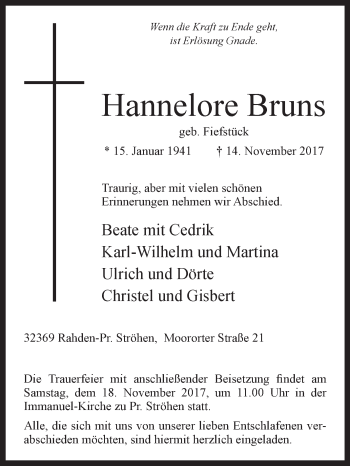 Traueranzeige von Hannelore Bruns von Westfalen-Blatt