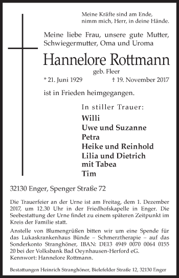 Traueranzeige von Hannelore Rottmann von Westfalen-Blatt