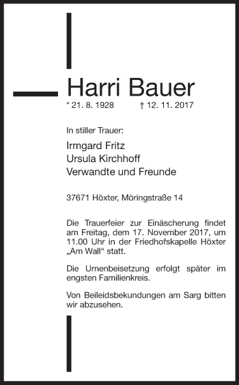 Traueranzeige von Harri Bauer von Westfalen-Blatt