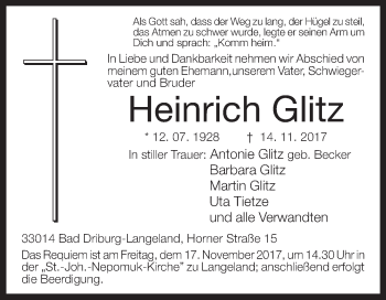 Traueranzeige von Heinrich Glitz von Westfalen-Blatt