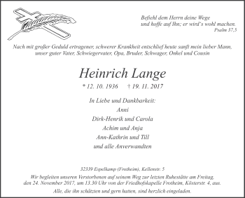 Traueranzeige von Heinrich Lange von Westfalen-Blatt