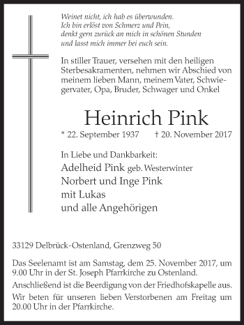 Traueranzeige von Heinrich Pink von Westfalen-Blatt