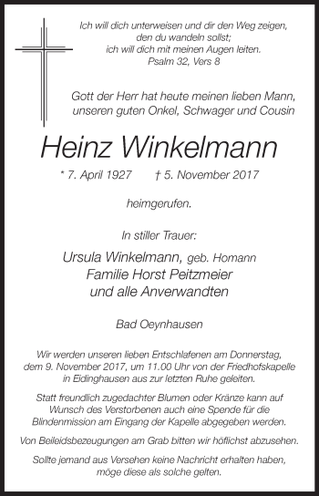 Traueranzeige von Heinz Winkelmann von Westfalen-Blatt