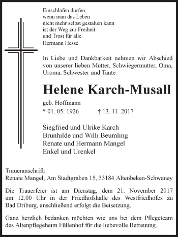 Traueranzeige von Helene Karch-Musall von Westfalen-Blatt