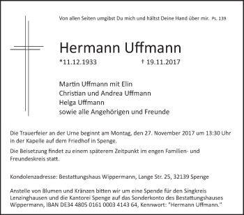 Traueranzeige von Hermann Uffmann von Westfalen-Blatt