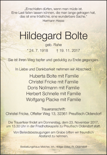 Traueranzeige von Hildegard Bolte von Westfalen-Blatt