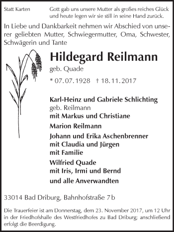 Traueranzeige von Hildegard Reilmann von Westfalen-Blatt