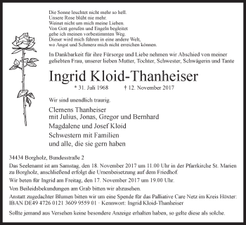 Traueranzeige von Ingrid Kloid-Thanheiser von Westfalen-Blatt