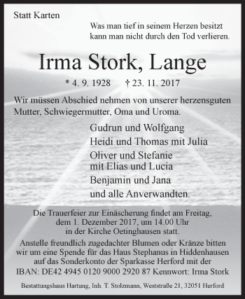 Traueranzeige von Irma Stork von Westfalen-Blatt