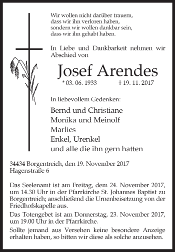 Traueranzeige von Josef Arendes von Westfalen-Blatt