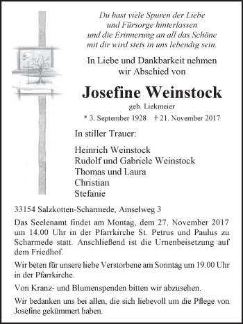 Traueranzeige von Josefine Weinstock von Westfalen-Blatt