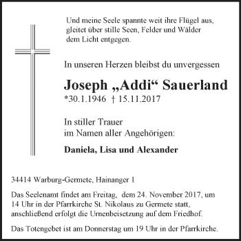 Traueranzeige von Joseph Sauerland von Westfalen-Blatt