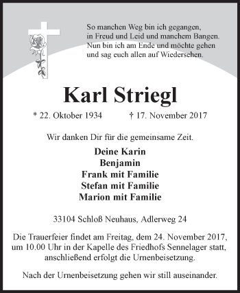 Traueranzeige von Karl Striegl von Westfalen-Blatt