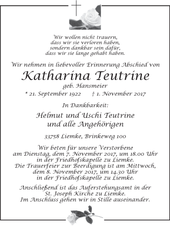 Traueranzeige von Katharina Teutrine von Westfalen-Blatt