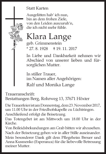 Traueranzeige von Klara Lange von Westfalen-Blatt