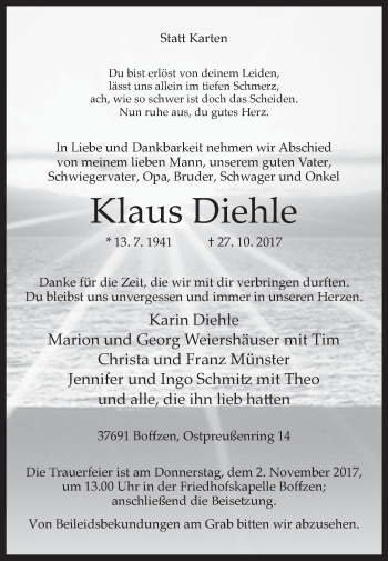 Traueranzeige von Klaus Diehle von Westfalen-Blatt