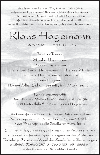 Traueranzeige von Klaus Hagemann von Westfalen-Blatt