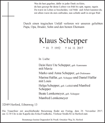 Traueranzeige von Klaus Schepper von Westfalen-Blatt