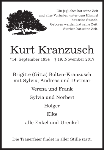 Traueranzeige von Kurt Kranzusch von Westfalen-Blatt