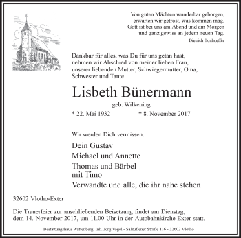 Traueranzeige von Lisbeth Bünermann von Westfalen-Blatt