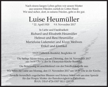 Traueranzeige von Luise Heumüller von Westfalen-Blatt