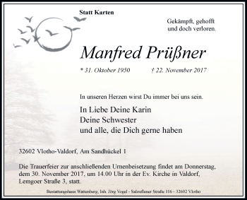 Traueranzeige von Manfred Prüßner von Westfalen-Blatt