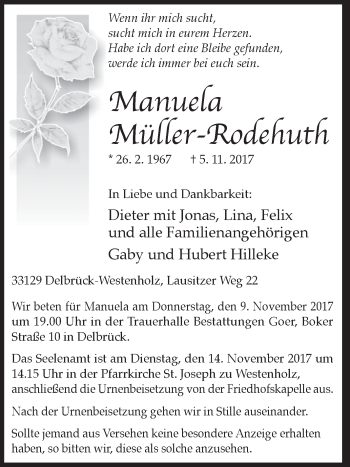 Traueranzeige von Manuela Müller-Rodehuth von Westfalen-Blatt