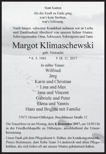 Traueranzeige von Margot Klimaschewski von Westfalen-Blatt