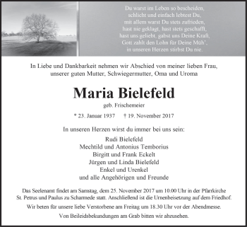 Traueranzeige von Maria Bielefeld von Westfalen-Blatt