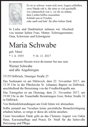 Traueranzeige von Maria Schwabe von Westfalen-Blatt