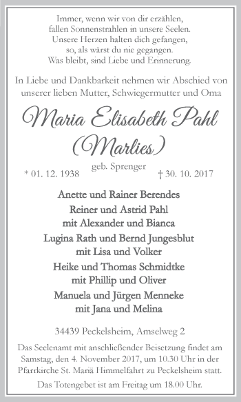 Traueranzeige von Maria Elisabeth Pahl von Westfalen-Blatt